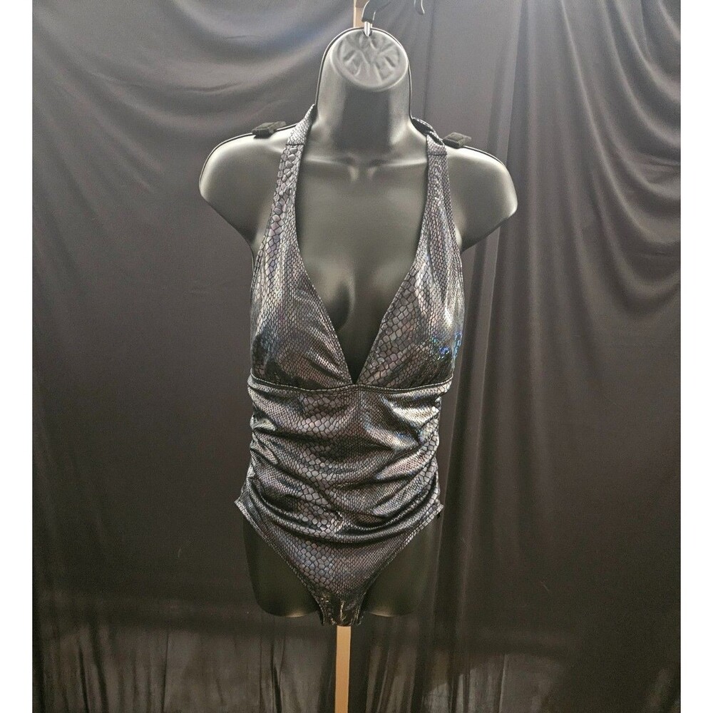 WOMEN'S METALLIC SNAKESKIN HALTER NECK ONE PIECE SWIMSUIT SIZE L NWOT